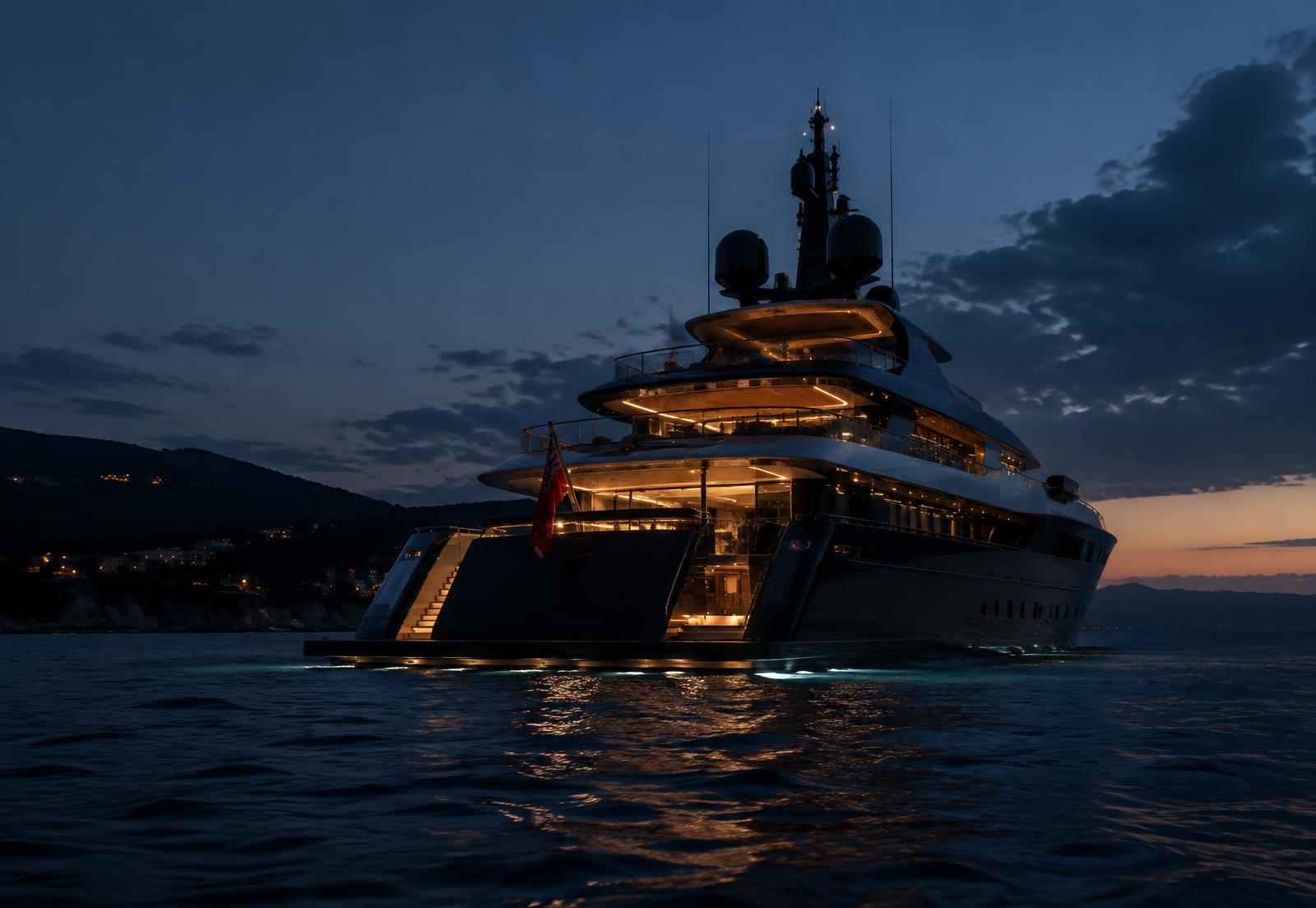 Motor yacht at dusk